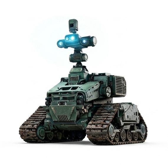 Neicrone field Unit 06, tracked chassis and sensor mast, studio plate on white