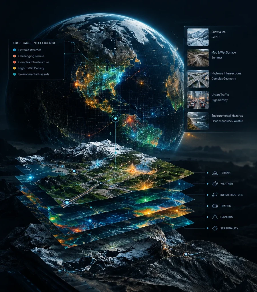 Andromeda edge-case intelligence: a globe marking extreme weather, terrain, infrastructure, traffic and hazard hotspots, projected down onto stacked terrain, weather, infrastructure, traffic, hazard and seasonality layers