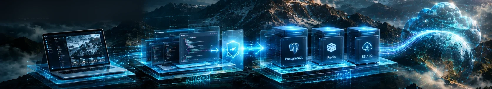 The request path: a client laptop, server code and an API gateway shield, PostgreSQL, Redis and S3/R2 stores, and a global edge network