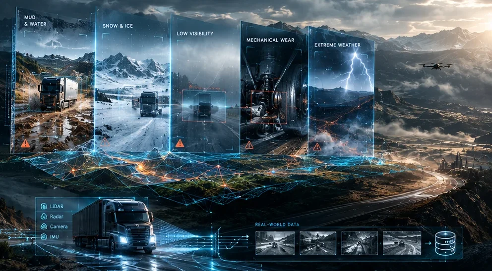 Edge conditions simulation misses: mud and water, snow and ice, low visibility, mechanical wear and extreme weather, above an instrumented truck streaming LiDAR, radar, camera and IMU data into a real-world dataset