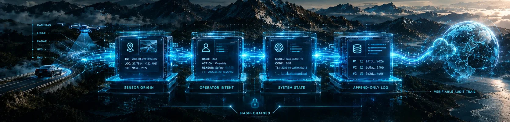 A sensor-equipped car and drone feed a record that passes through sensor origin, operator intent and system state cards into a hash-chained, append-only log, forming a verifiable audit trail