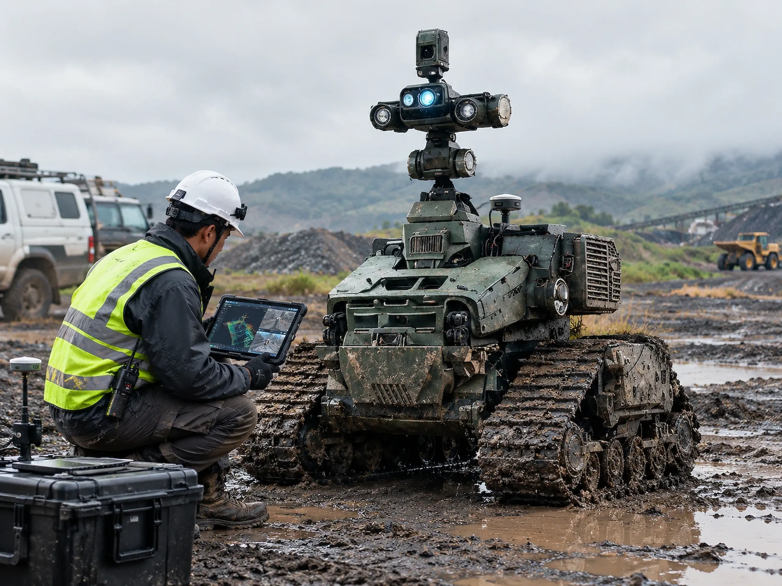 Neicrone Field Unit 06, a tracked ground unit in non-linear terrain