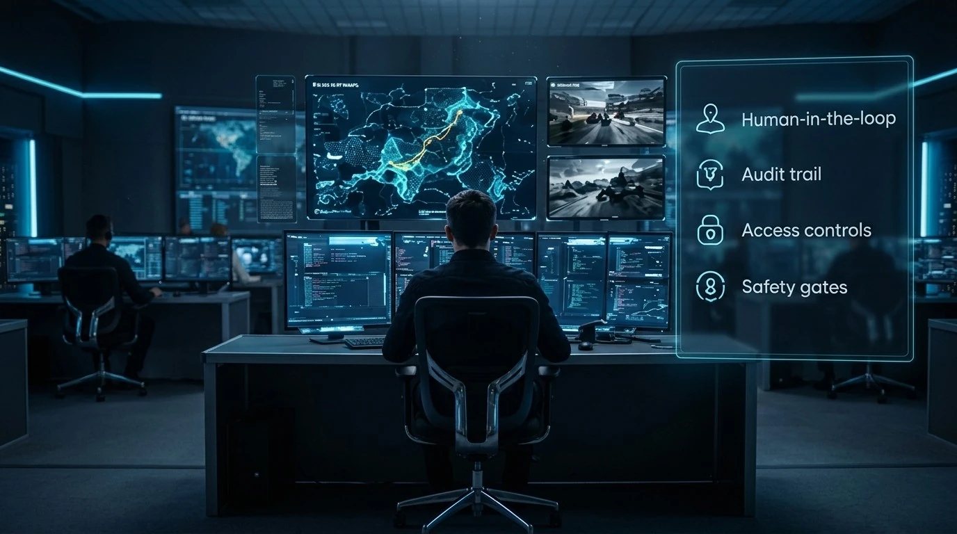 Operator in a control room with human-in-the-loop, audit trail, access controls and safety gates