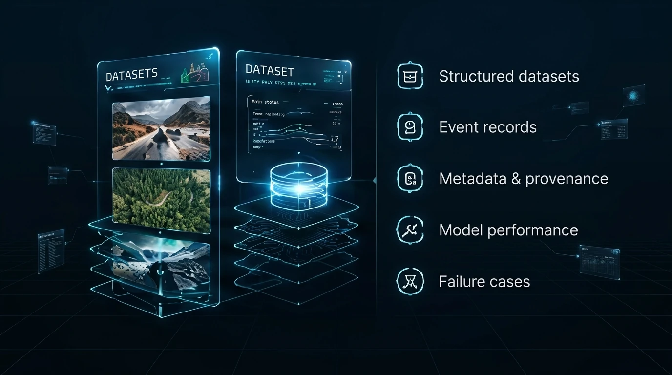 Captured frames stacking into structured datasets, event records, metadata and provenance, model performance and failure cases