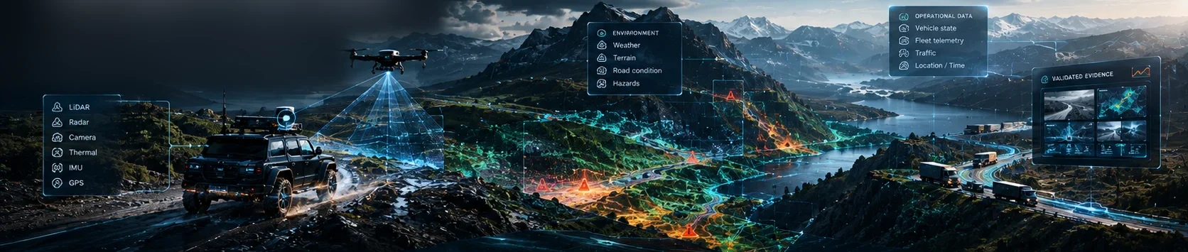 An instrumented vehicle and survey drone capture LiDAR, radar, camera, thermal, IMU and GPS data across mountain terrain, combined with weather, terrain, road and hazard context and fleet telemetry into validated evidence