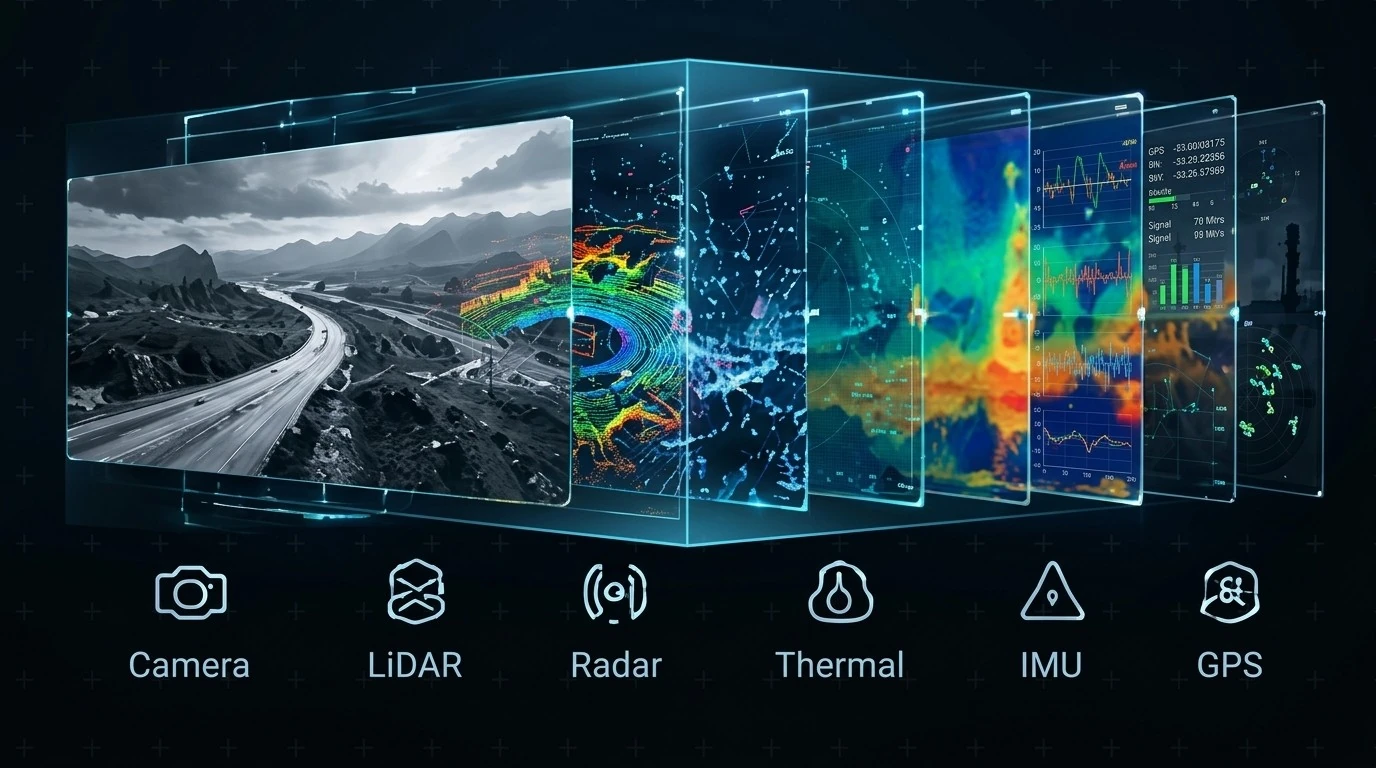 Camera, LiDAR, radar, thermal, IMU and GPS feeds stacked as glass panes over one mountain highway