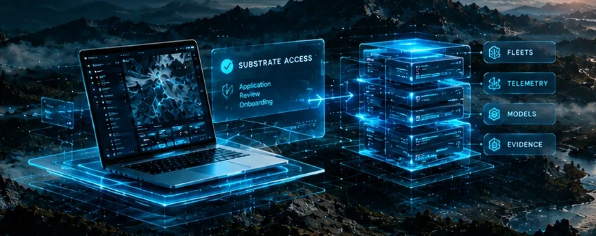 A partner workstation submits a substrate access request that passes application, review and onboarding into a stack serving fleets, telemetry, models and evidence
