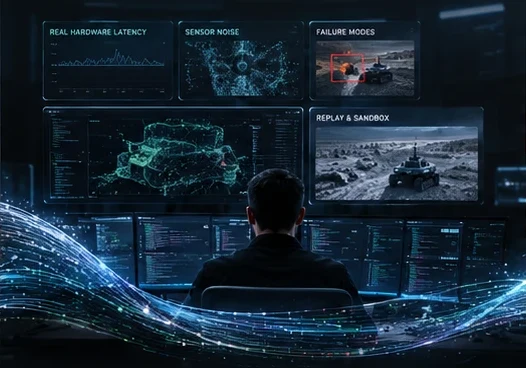 Operator reviewing hardware latency, sensor noise, failure modes and sandbox replays