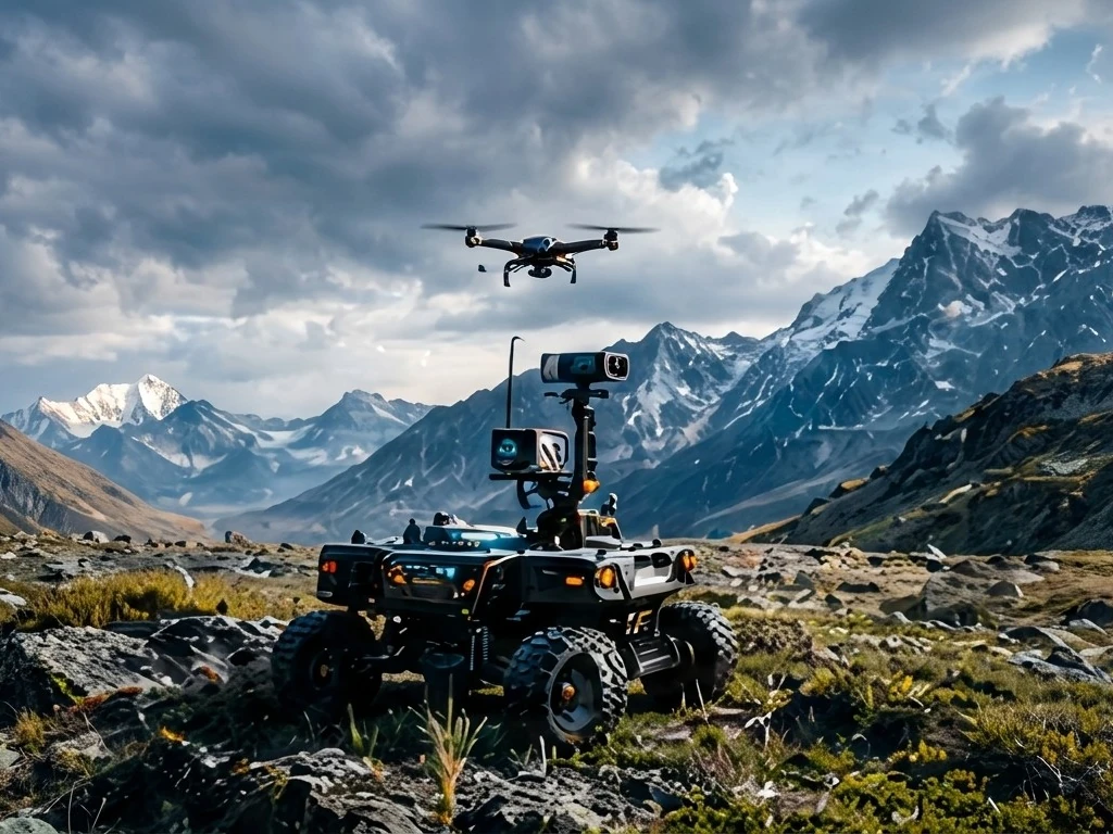 Tracked field robot with a survey drone in alpine terrain