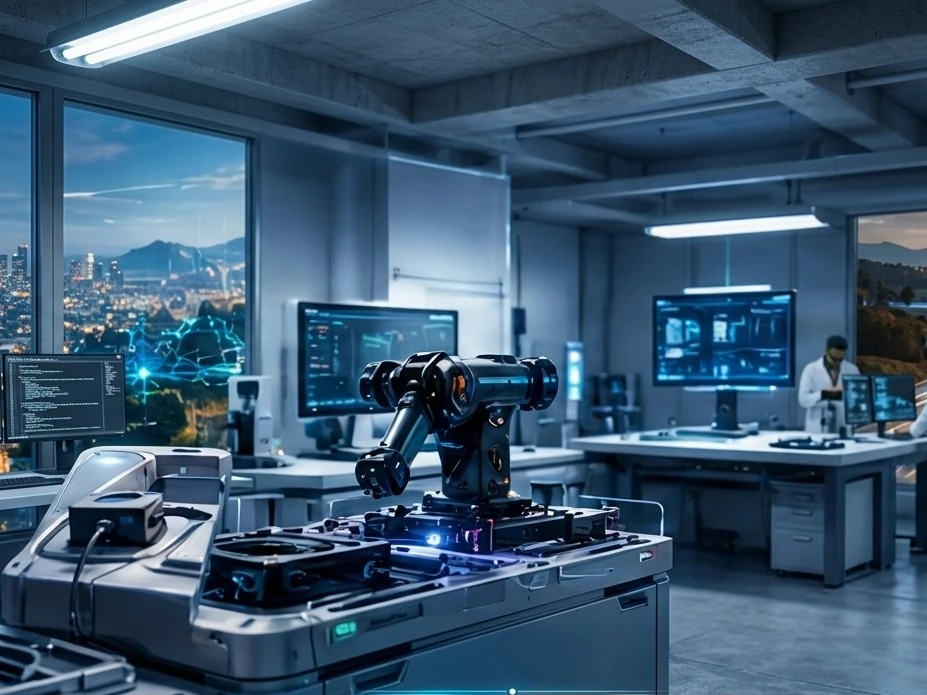 Robotic arm on a hardware-in-the-loop bench in an engineering lab