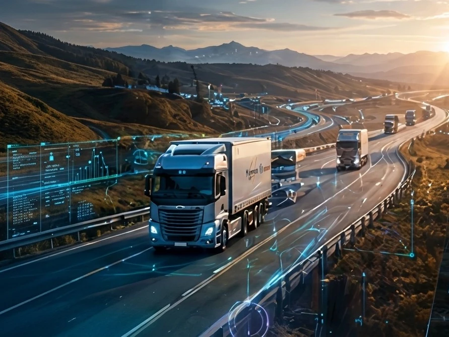 Convoy of autonomous trucks on a highway at sunset