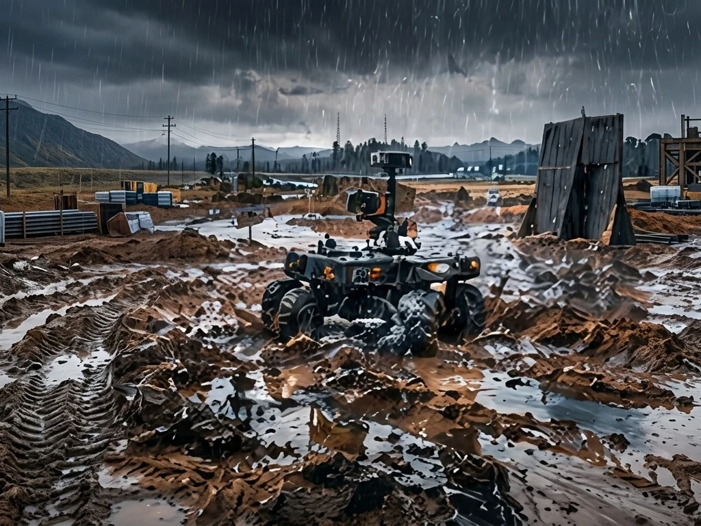 Ground robot in a flooded mud test yard under rain