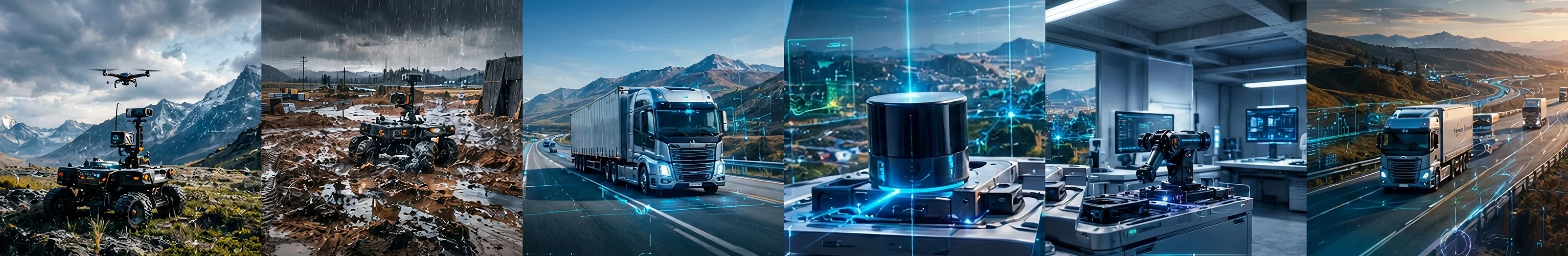 Six field scenes: a tracked robot and drone, a mud test yard, a long-haul truck, an edge LiDAR unit, a hardware-in-the-loop bench, and a truck convoy