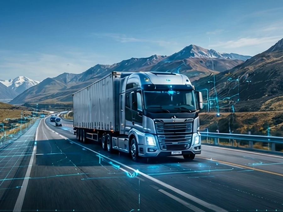 Class 8 truck on a mountain highway with sensor overlays